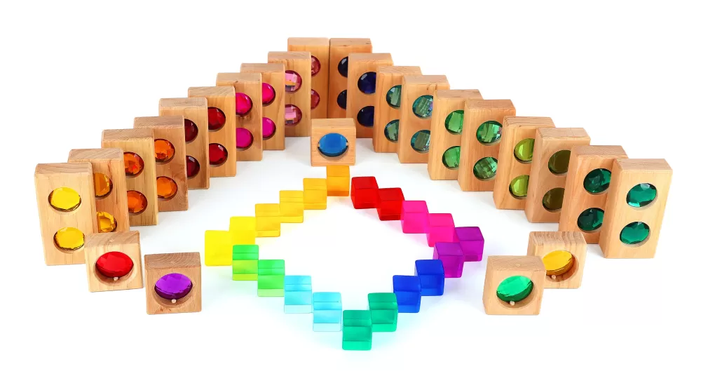 Hot Bauspiel Blocchi Small Colour Track Con Cubi Traslucidi E Scatola In Legno - 45